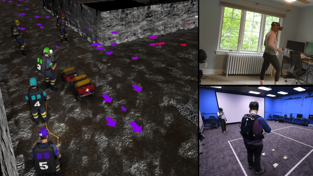 Virtual miners on the left panel, a solo remote player on the top right, and two colocated players on the bottom right