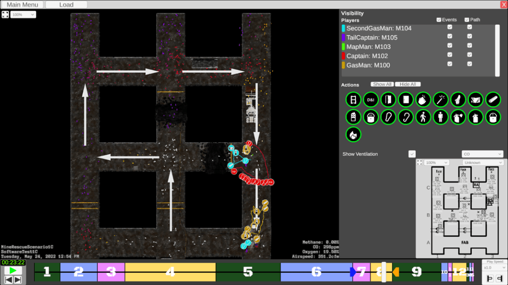 A virtual mine overhead display showing breadcrumb trails of where participants explored.
