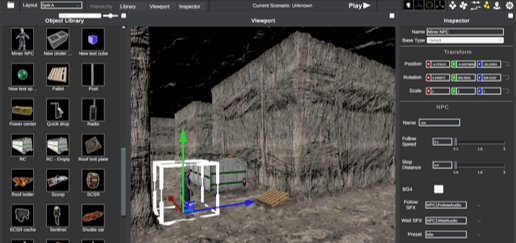 A game editor, showing thumbnails of available tiles on the left, an inspector window in the middle, and a window showing properties to edit on the right