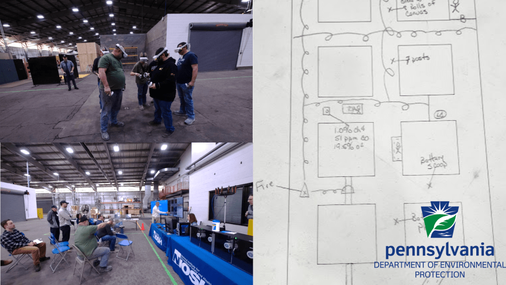 A mine rescue team doing virtual reality training on the left with a real-world mine map on the right