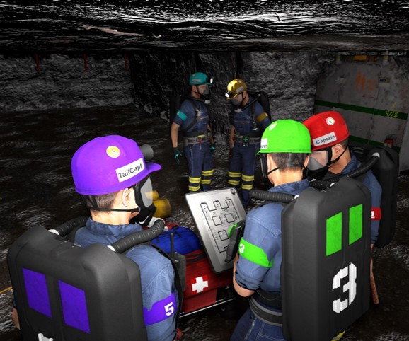 Virtual mine avatars huddled around a mine map.